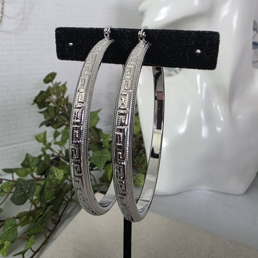 Large Silver Gold Filled Hoop Earrings With Greek Key Design
